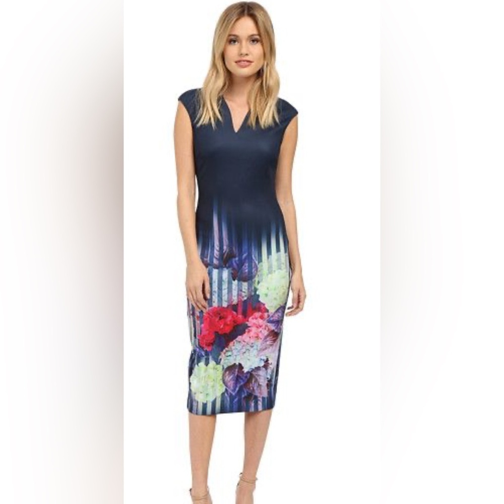 Ted Baker Rimena Vespera Hydrangea Haze Midi Pencil Cocktail Dress Navy Size 0